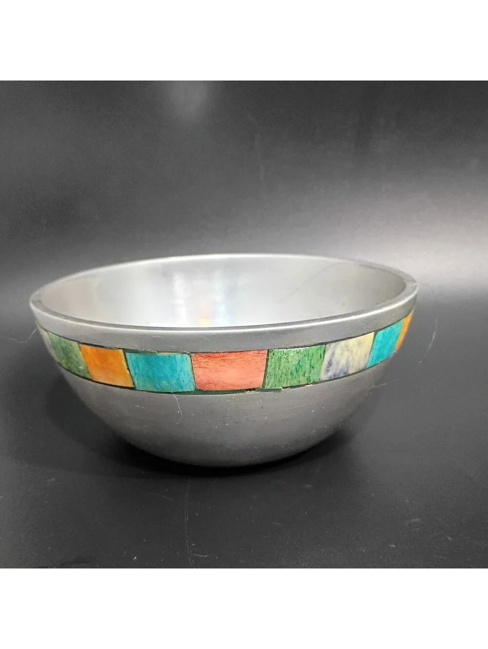 MCM Cast Aluminum Bowl With Colorful Inlay Edge Trinket Tray Boho